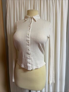 Cream cotton Pointelle-Knit Cardigan Top M